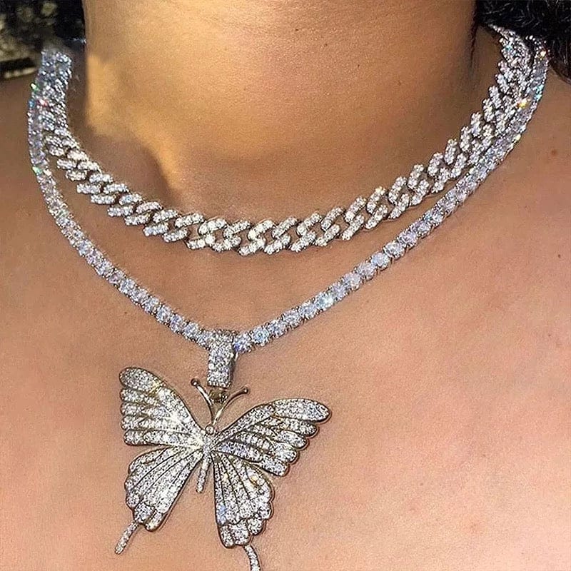Rhinestone Doubled Layered Butterfly Necklace