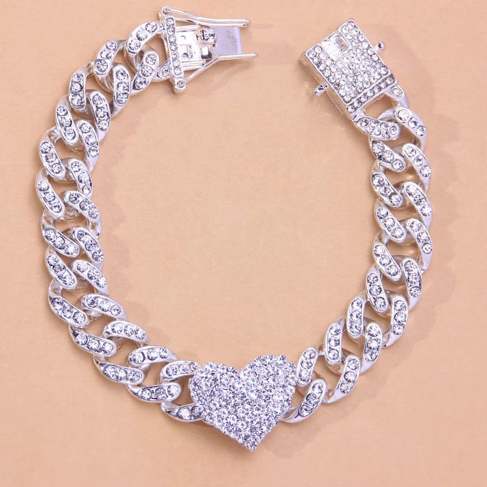 Chunky Metal Chain Anklet Bracelet with a Heart Charmwith Rhinestones