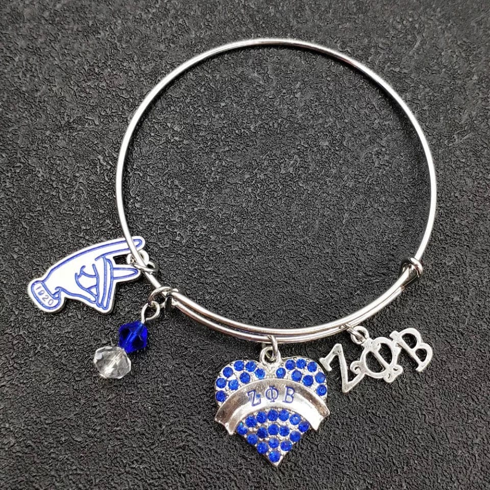 Handmade Silver Zeta Phi Beta Adjustable Bangle CharmBracelet