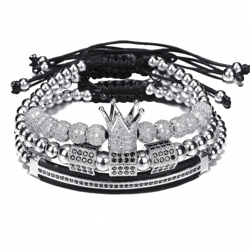 3Piece Lux Royal Crown Silver Men's Bracelet iece Set