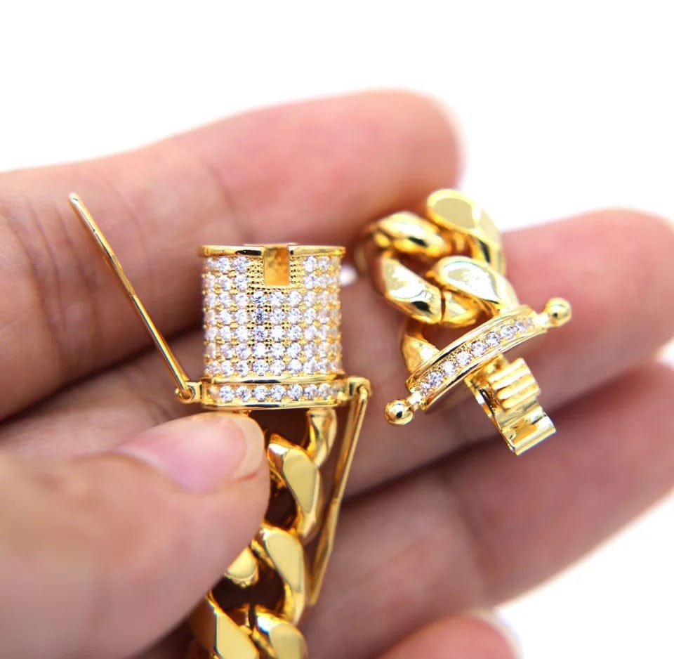 61cmGold Wide Cuban Link with matching bracelet sett with matching bracelet Chainn with Micro Cz Pave Clasp with matching bracelet Set
