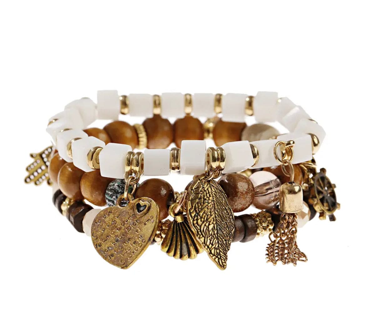 Mod Mode Boho White and Golden BrownBeaded Bracelet