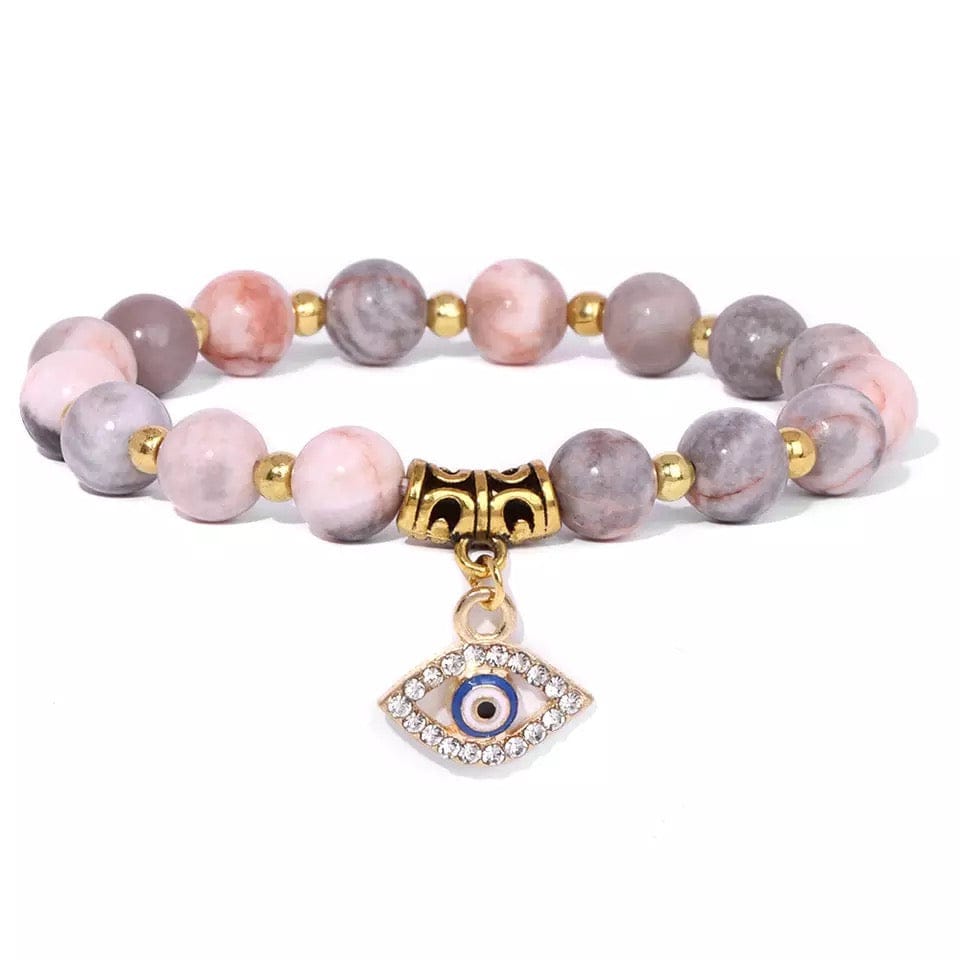 Natural Pinkish Stone Beaded Bracelet with Evil Eye Charm