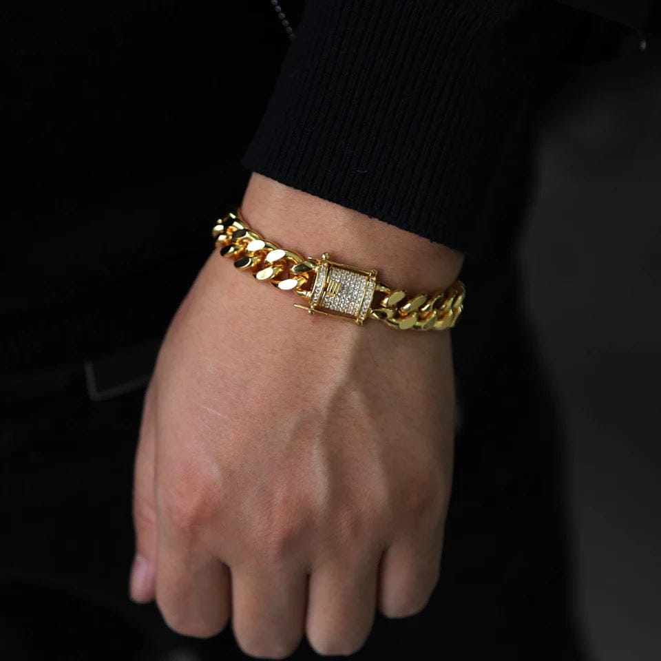 61cmGold Wide Cuban Link with matching bracelet sett with matching bracelet Chainn with Micro Cz Pave Clasp with matching bracelet Set