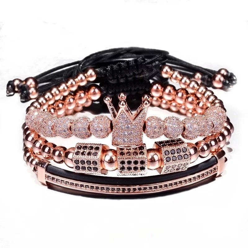 3Piece Lux Royal CrownRose Gold Men's Bracelet 4 Pcs SetMen's Bracelet Set