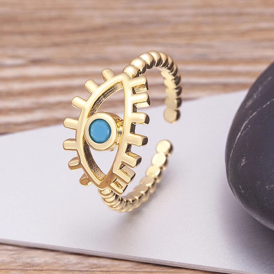 BohemianTurkish Eye open Gold Ring with Blue Rhin