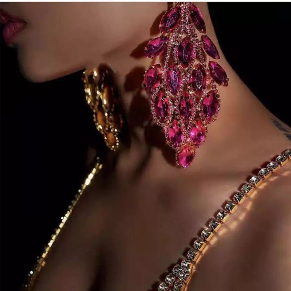 Deep PinkCrystal Big Drop Earrings