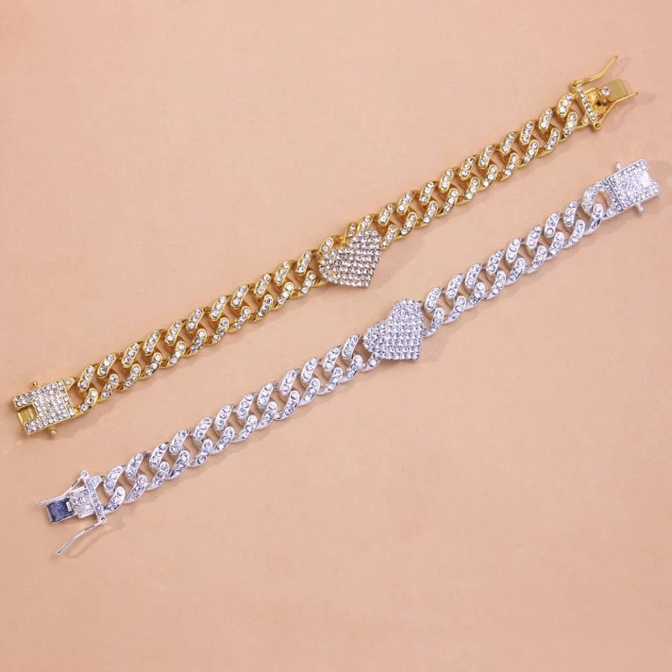 Chunky Metal Chain Anklet Bracelet with a Heart Charmwith Rhinestones