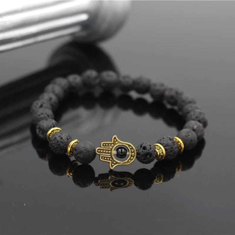 Turkish Antique Black Stone Beaded Bracelet ckch Stone Bracelet with Hamsa Cha