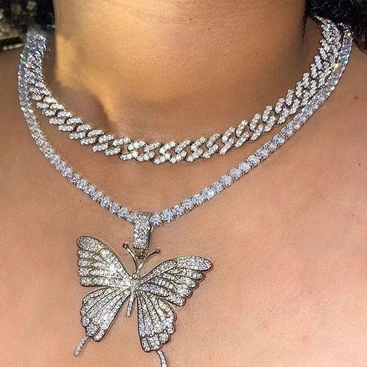 Rhinestone Doubled Layered Butterfly Necklace
