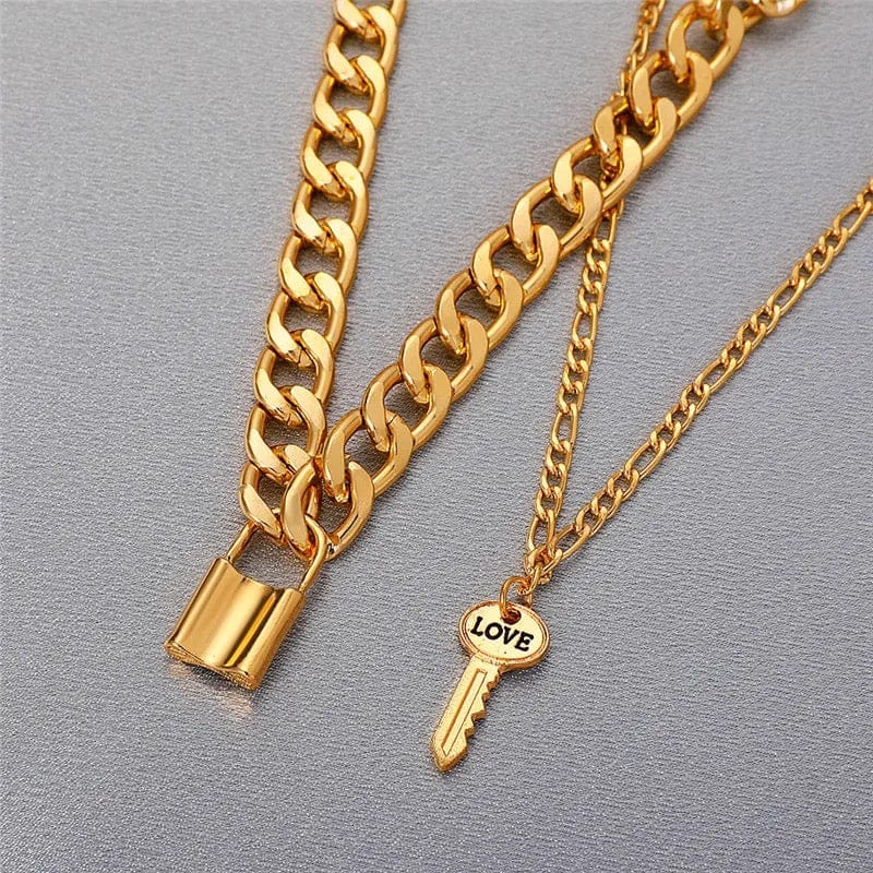 MultilayeredGold Necklace with Lock Pendant