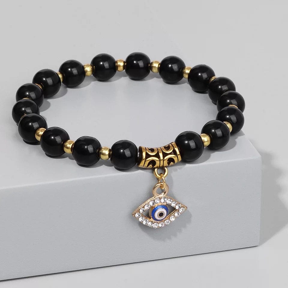 Natural Black Stone Beaded Bracelet with Evil Eye Charm