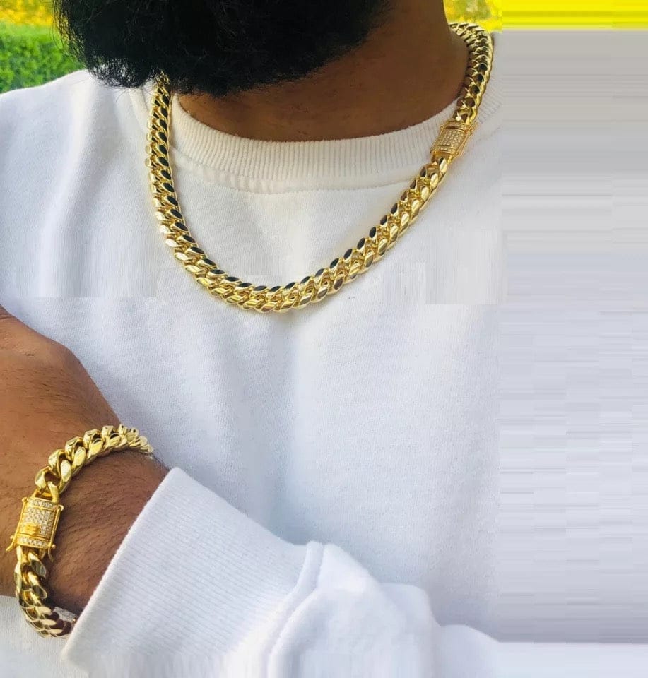 61cmGold Wide Cuban Link with matching bracelet sett with matching bracelet Chainn with Micro Cz Pave Clasp with matching bracelet Set