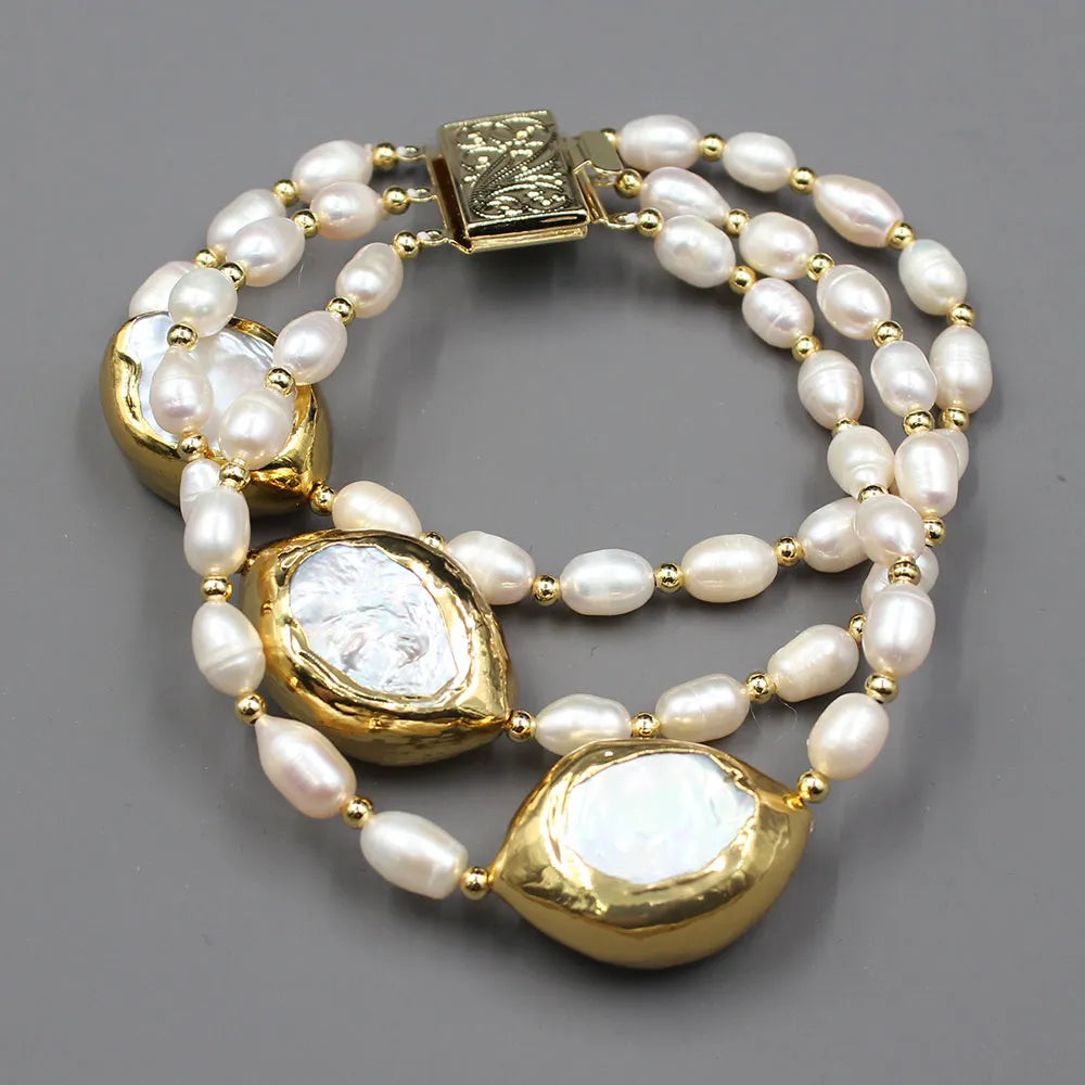 3 Strands Rice Freshwater Pearl White Pearl Bracelet Handmade Classic Wedding For Women