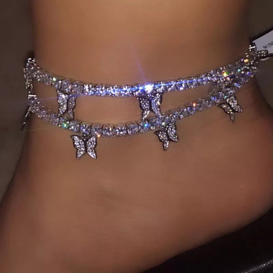 Flatfoosie Bling Rhinestone Cherry Butterfly Anklet for Women Luxury Crystal Chain Anklet Bracelet Beach Barefoot Chain Jewelry