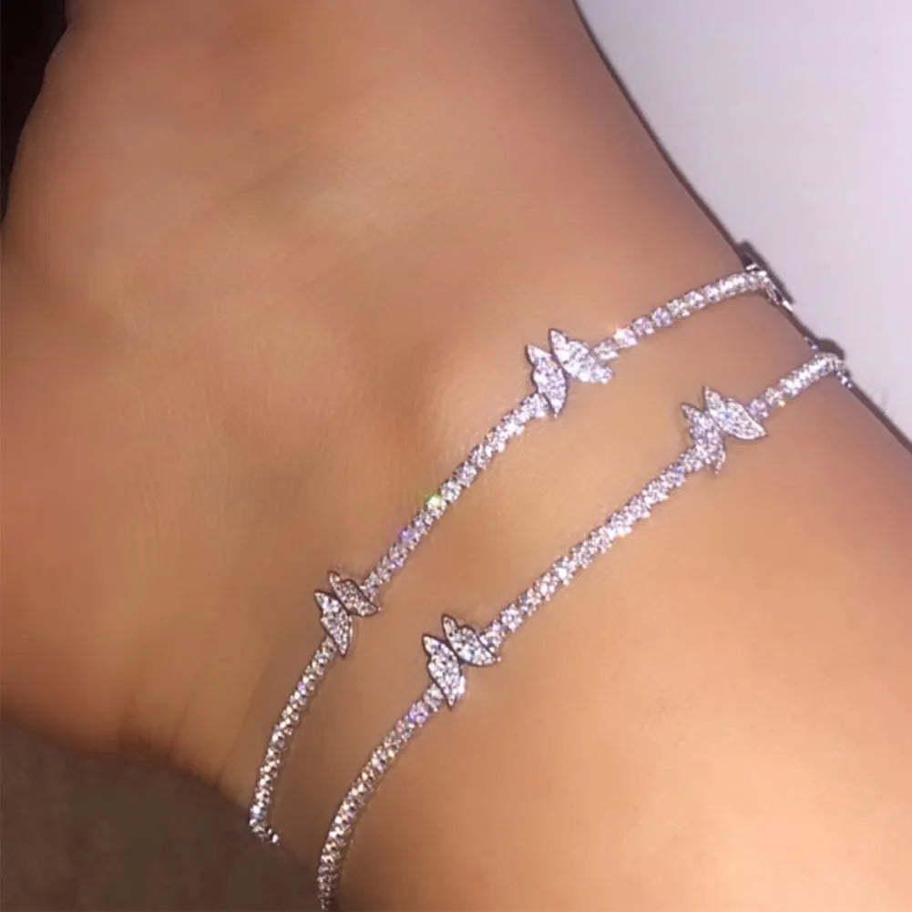 Trendy Shining Cute Butterfly Crystal Tennis Anklet for Women Gold Silver Color Boho Sandals Rhinestone Foot Ankle Chain Jewelry