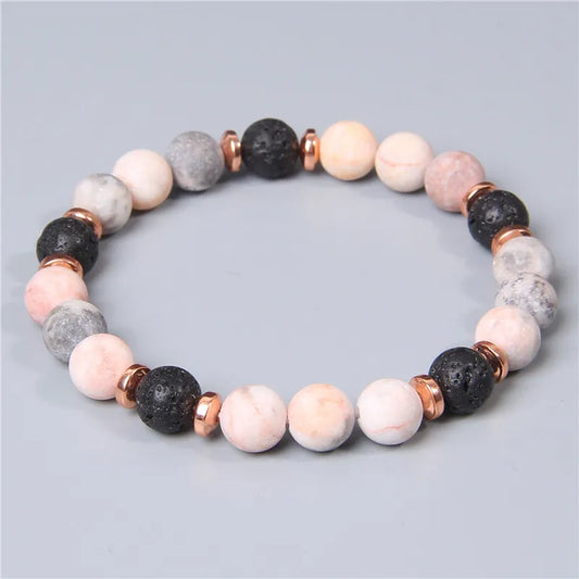 Female Rose Gold Color Metal Spacer Charm Natural Matte pink Zebra Stone bead beaded bracelet for women friend jewelry wholesale