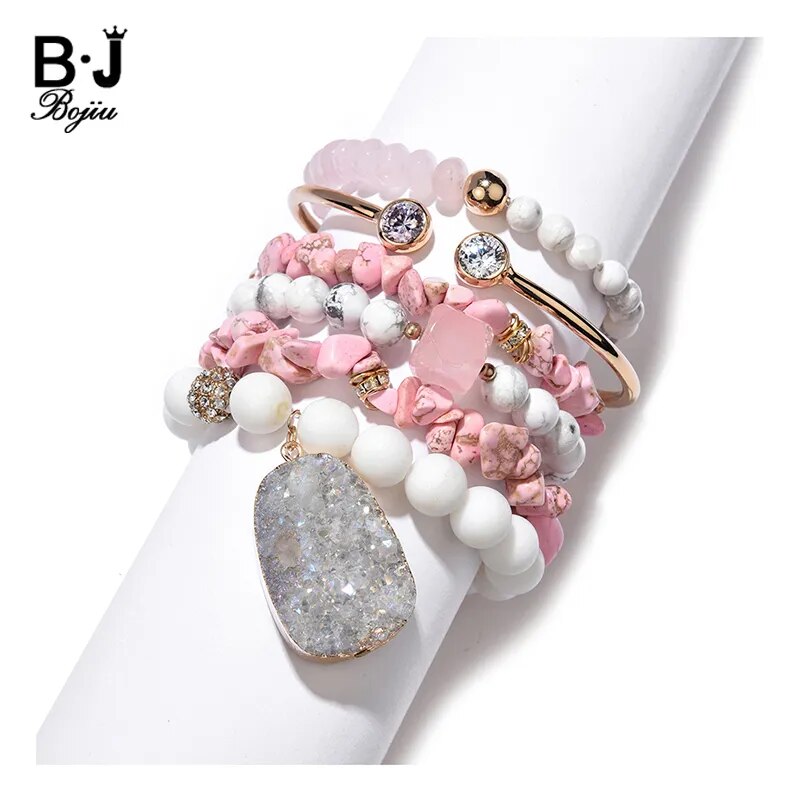 BOJIU 2021 Fashion Natural Stone Bracelets Set For Women New Statement Jewelry Agates Crystal Wood Beads Bracelet Femme BCSET317