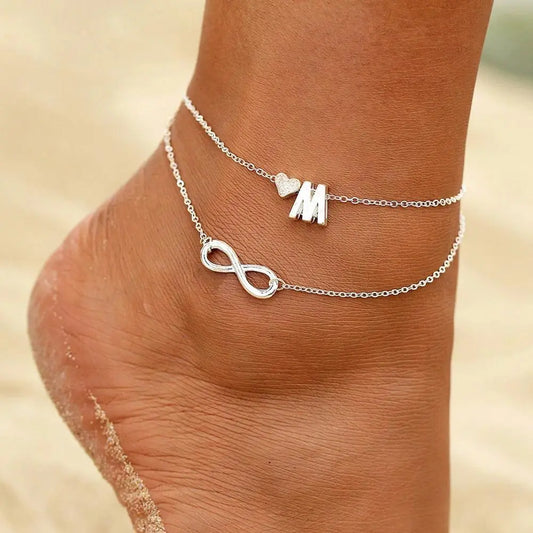 Bohemia Style Layered 26 Letter Heart Infinity Anklet For Women Summer Beach Initial Anklet On Foot Ankle Jewelry Travel Gift