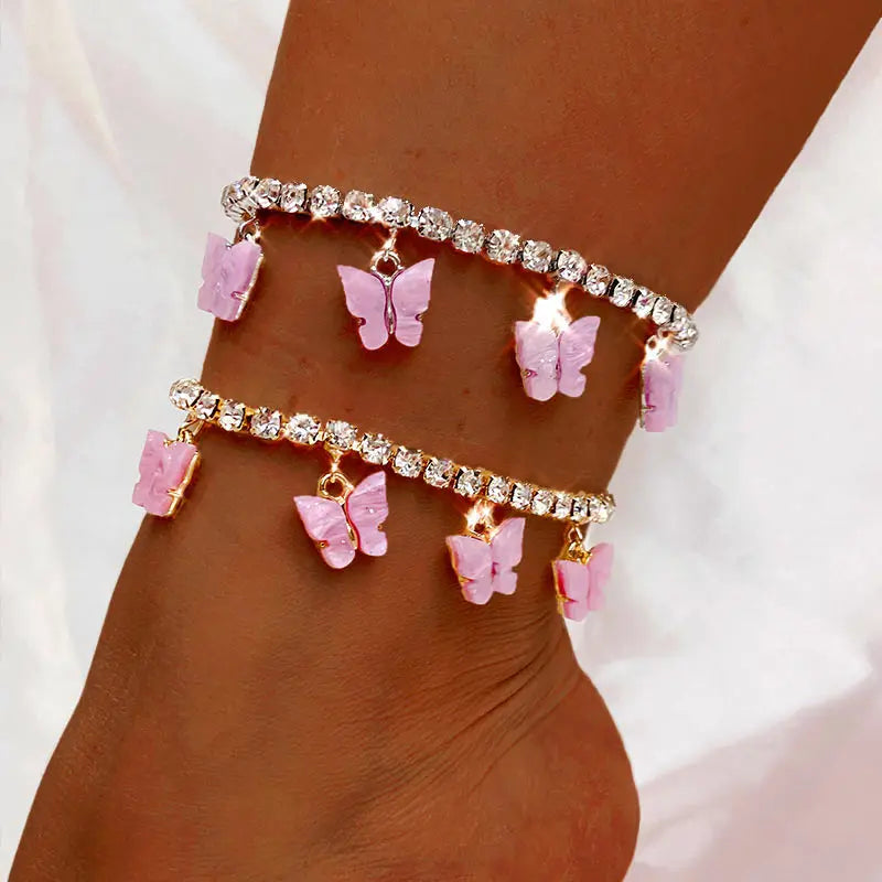 Flatfoosie Bling Rhinestone Cherry Butterfly Anklet for Women Luxury Crystal Chain Anklet Bracelet Beach Barefoot Chain Jewelry