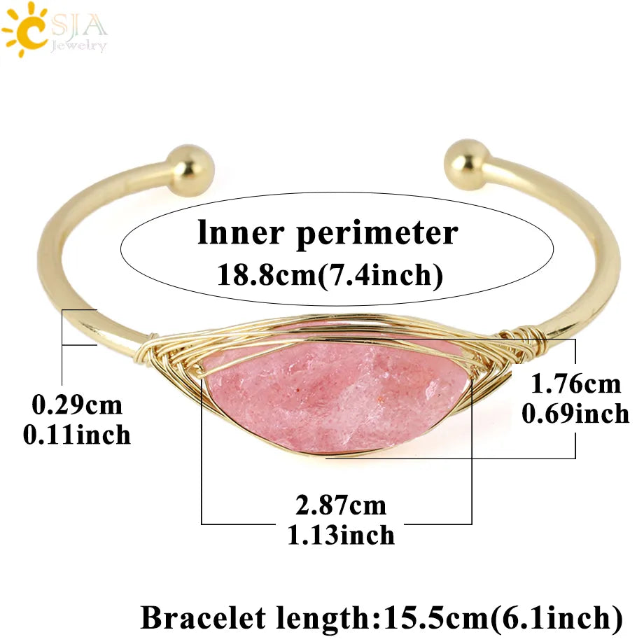 CSJA Gem Stone Open Cuffs Bracelets Crystals Natural Stones Bangles Gold Color Wire Wrap Bracelet for Friend Bijoux Femme G866