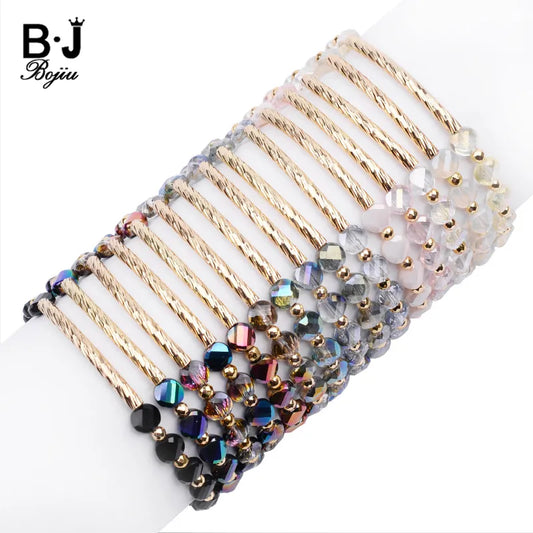 BOJIU Handmade Crystal Beads Customized Bracelets For Women Adjustable Gold Copper Tube Lady Bracelet Jewelry Dropshipping BC339