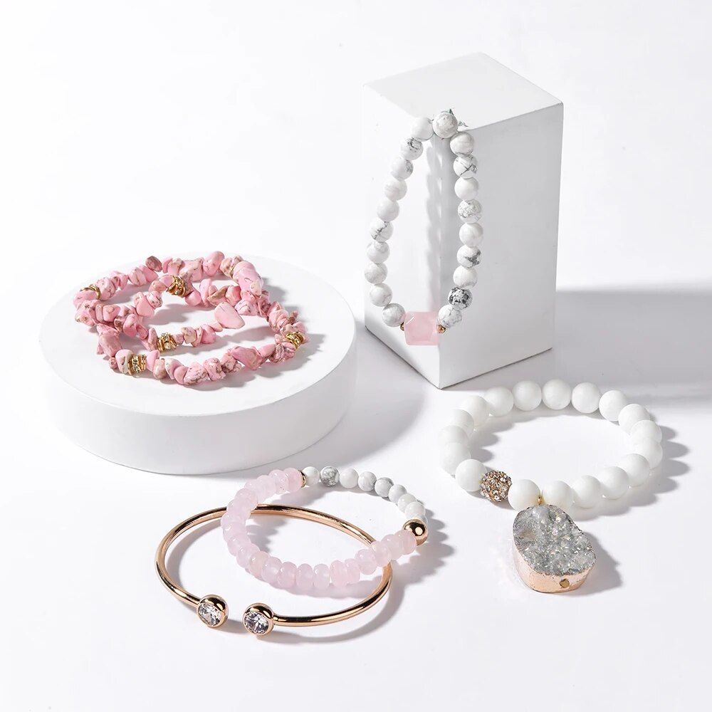 BOJIU 2021 Fashion Natural Stone Bracelets Set For Women New Statement Jewelry Agates Crystal Wood Beads Bracelet Femme BCSET317