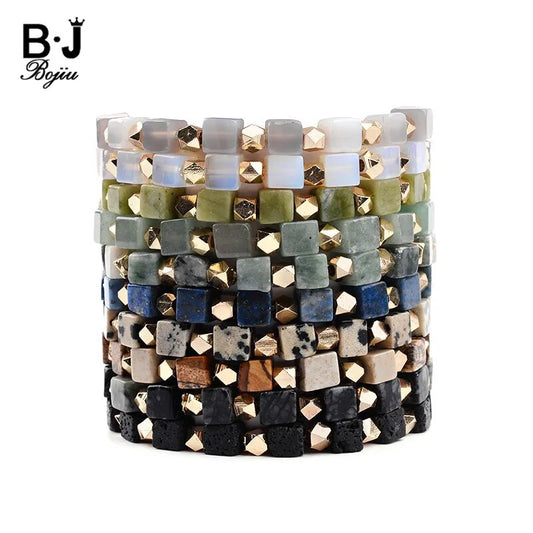 BOJIU Hot Natural Square Stone Bracelet For Women Gold-color Copper Nuggets Opal Lava Dalmation Jaspers Amazonite Bracelet BC277