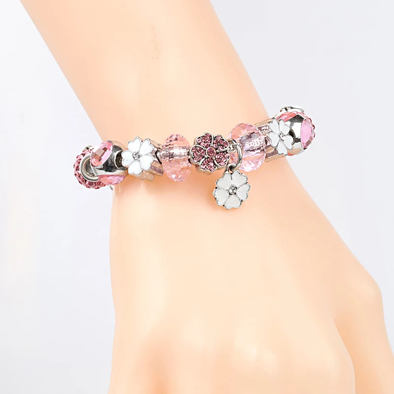 Euroean & American Trendy White & Pink Enamel Charm Bracelet Diy Crystal Bead Bracelet Women Fashion Birthday Gift