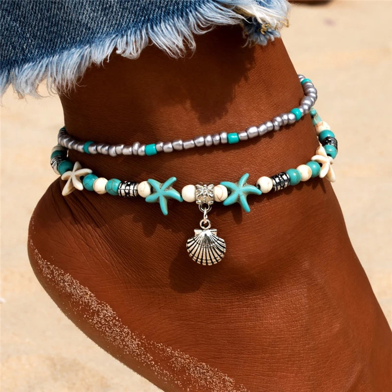 Vintage Sea Turtle Starfish Shell Beads Anklets For Women New Multilayer Anklet Leg Bracelet Handmade Bohemian Jewelry