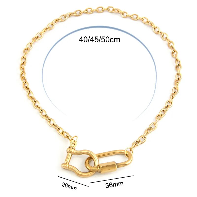 Hiphop rock necklace for Women Men Stainless steel Heavy Cable chain  shackle carabiner snap hook pendant U clasp Fashion choker