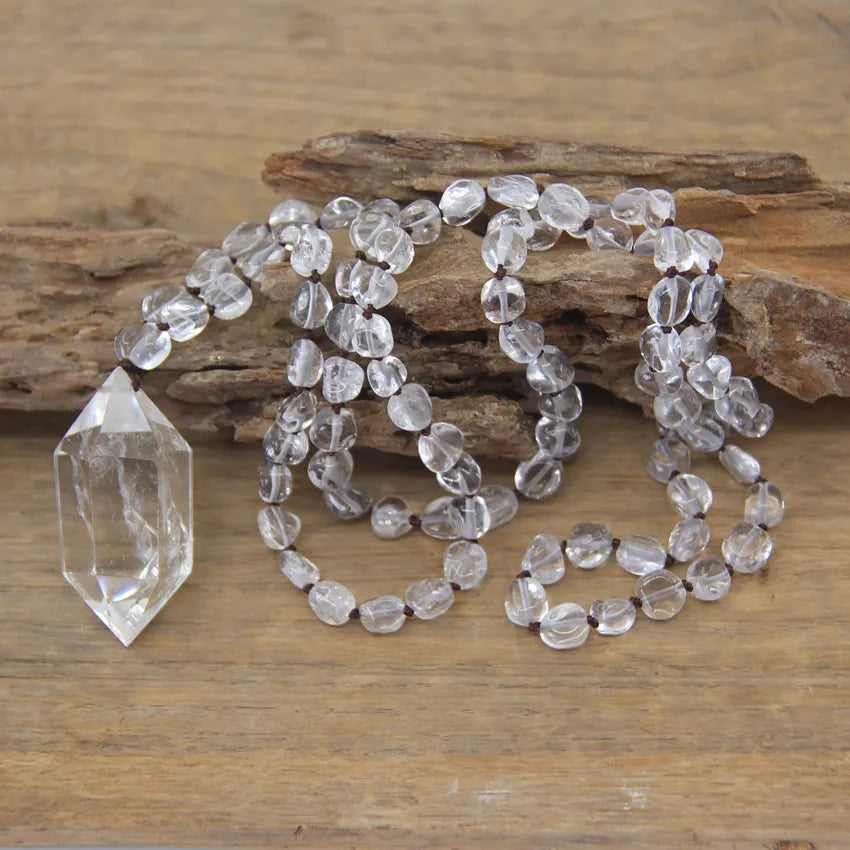Natural Quartz Double Point Pendants Crystal Nugget Chip Beads Knotted Handmade Necklace