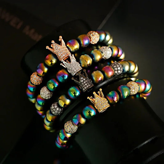 Luxury Colorful Hematite Crown Copper Bracelet Men Fashion Handmade White Zircon Beads Bracelet For Women Dropshipping