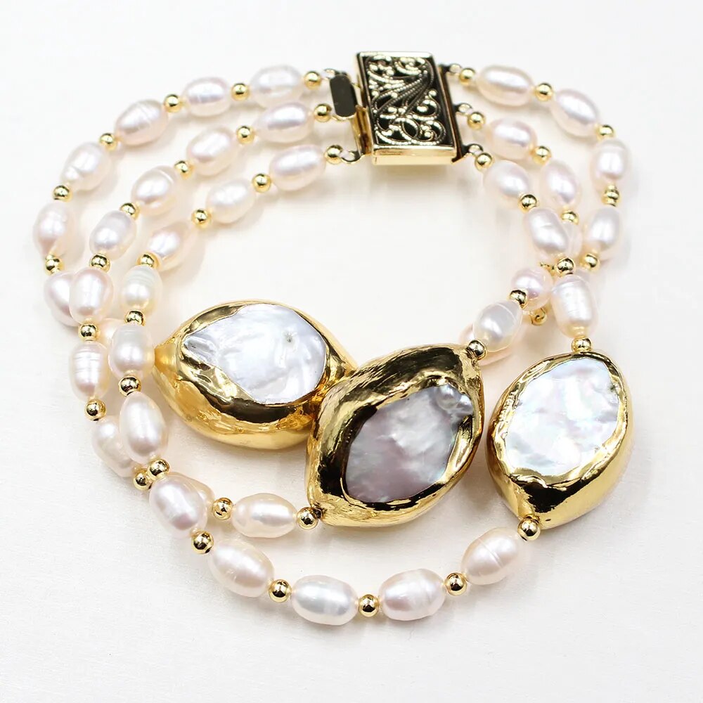 3 Strands Rice Freshwater Pearl White Pearl Bracelet Handmade Classic Wedding For Women