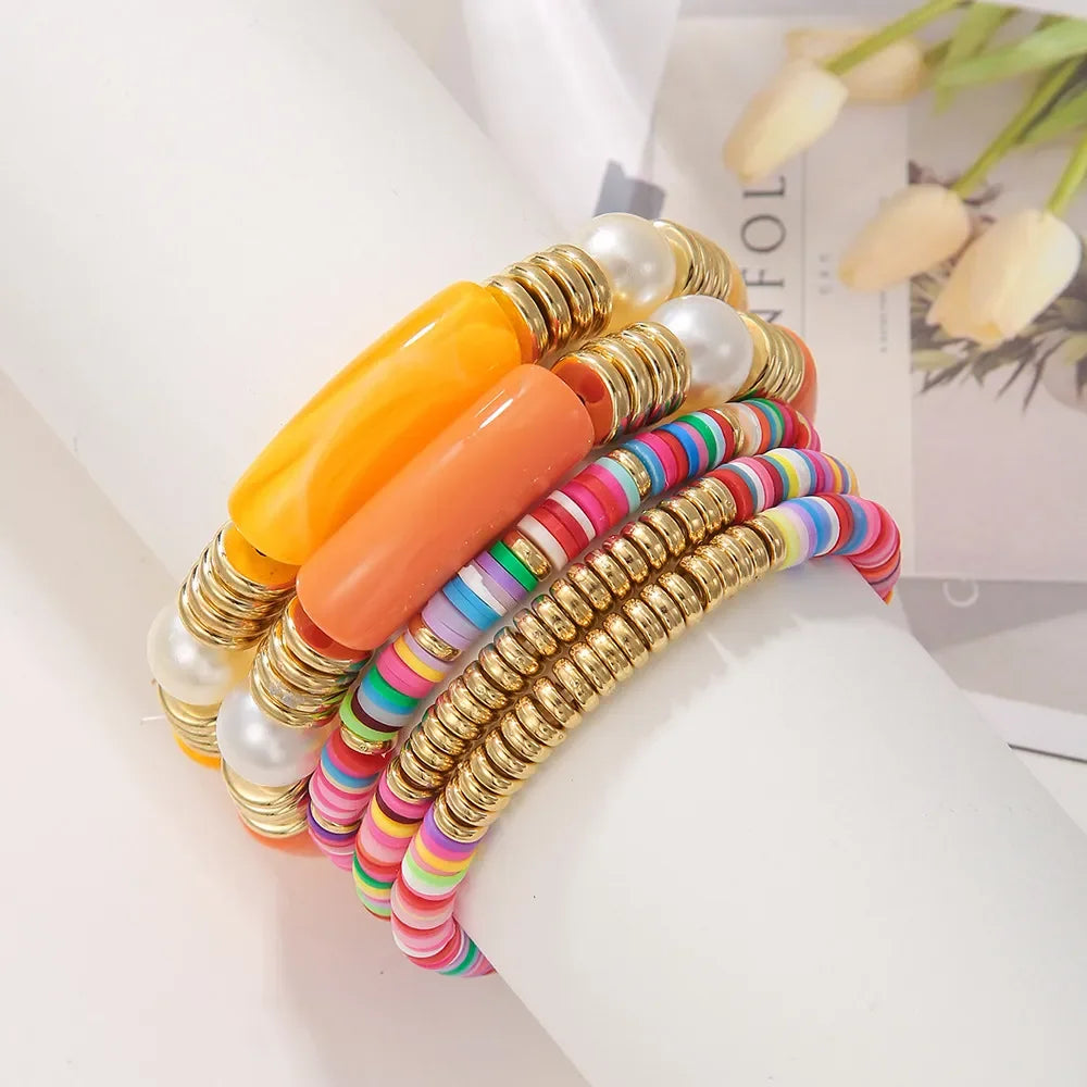 Bohemian 5Pcs/Lot Colorful Soft Ceramic Acrylic Bracelet Set For Women Ethnic Style Imitation-pearl Wristhand Bead Friends Gift