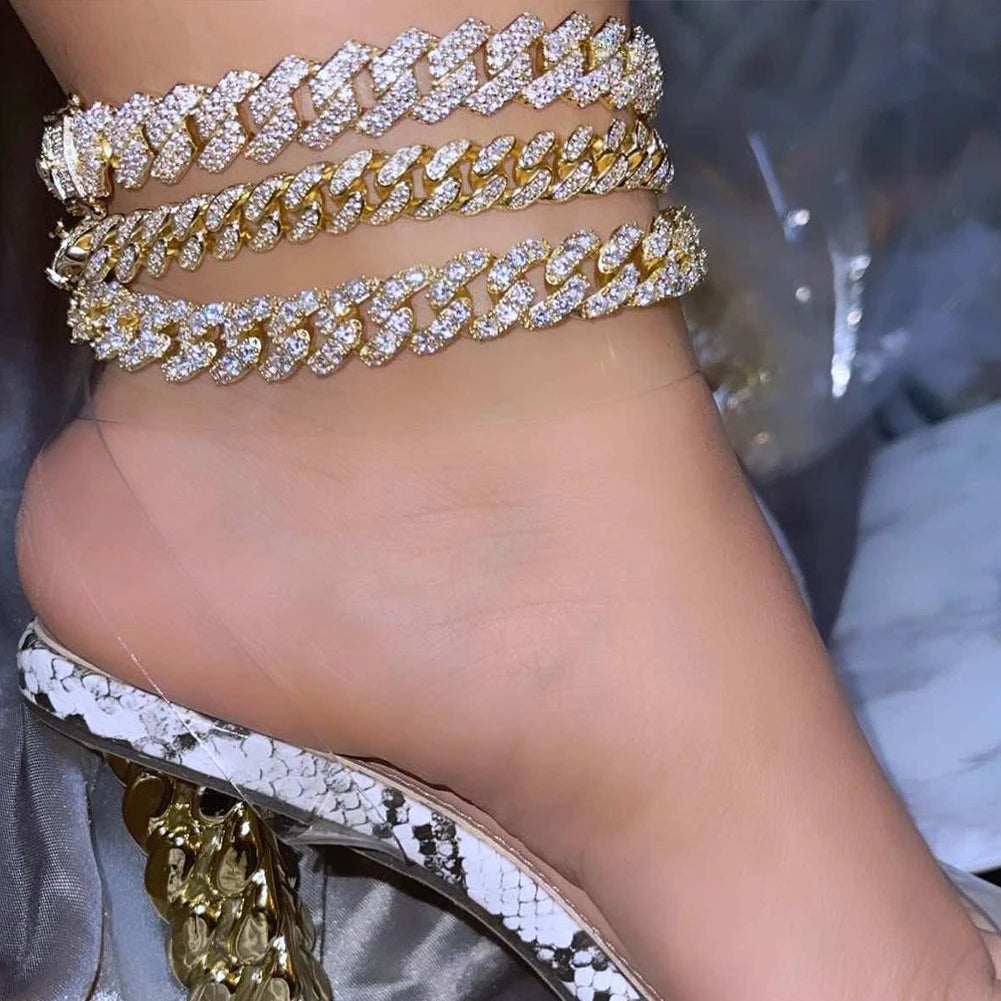 Hip Hop Iced Out Prong Cuban Link Chain Anklet For Women Gold Silver Color Prong Rhombus Cuban Anklets Bracelet Fashion Jewelry