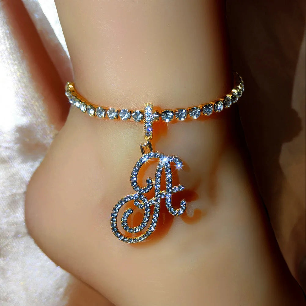 Cursive Initial Name Letter CZ Anklets Bracelet For Women Bling Shiny Crystal Tennis Chain Anklet Fashion Beach Leg Foot Jewelry