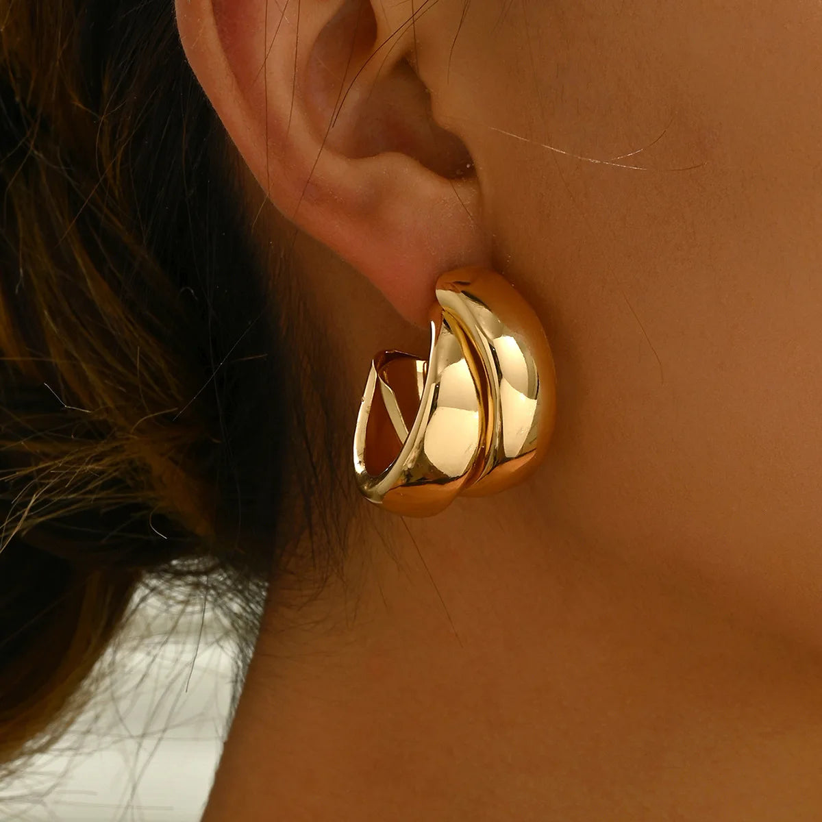 Stainless Steel Chunky Hoop Earrings for Women Girls Gold Color Double Ring Thick Geometric Drop Earrings Statement Jewelry Gift