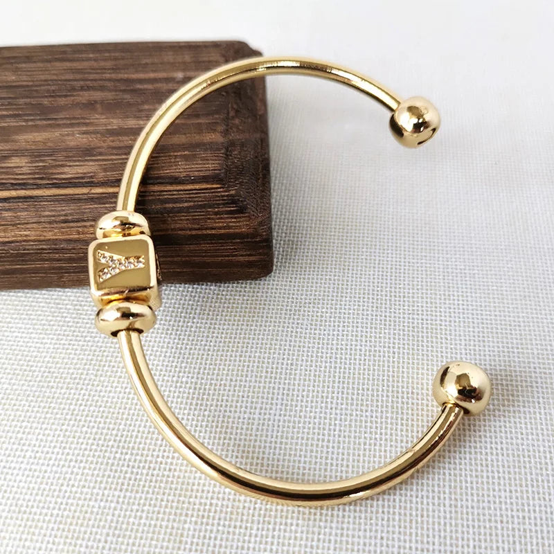 CZ Cubic Zirconia18K Real Gold Plated Copper Cube Charms Alphabet Initial Letter Square Beads Women's Name Bangle & Bracelets