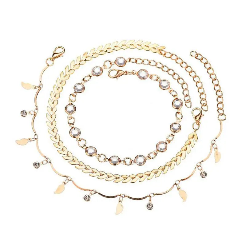 Layered Gold Color Leaves Pendant Chain Ankle Bracelet Leg Foot Jewelry Boho Charm Anklets Set Women Crystal Accessories Bijoux