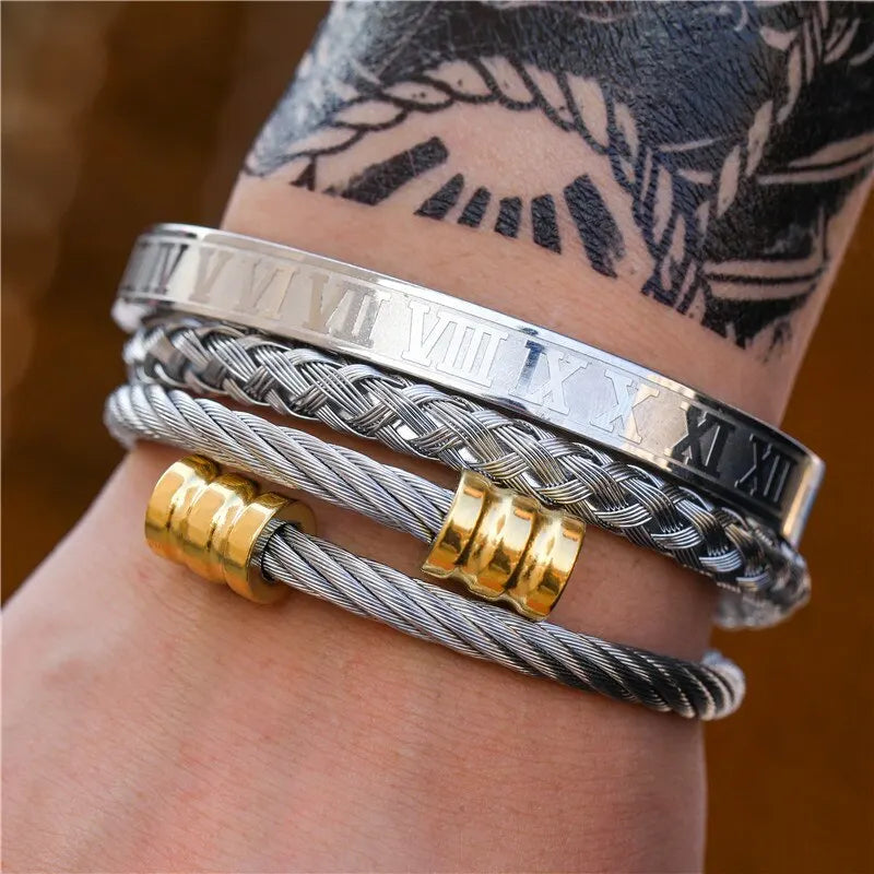 3Pcs/Set High Quality Roman Numeral Woven Cylindrical Head Bracelet Men's Personality Stainless Steel Multilayer Jewelry