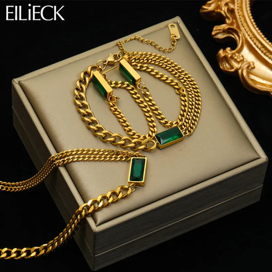 EILIECK 316L Stainless Steel Green Crystal Necklace Bracelet Earrings For Women Luxury Colorfast Jewelry 3-piece Set Gift Party