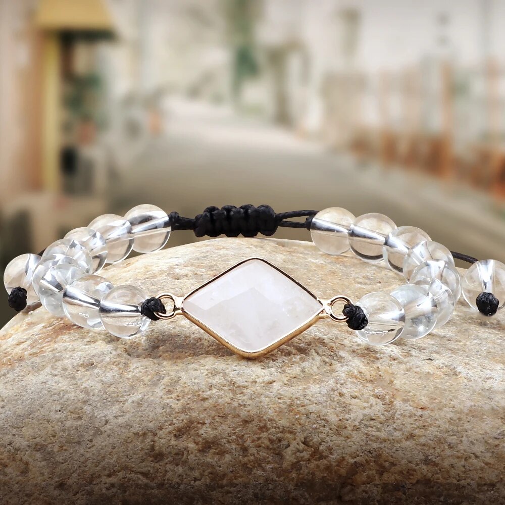 8mm Beaded Btracelet Charm White Crystal Transparent Stone Pendant Handmade Braided Yoga Bangles Adjustable Wrist String Jewelry