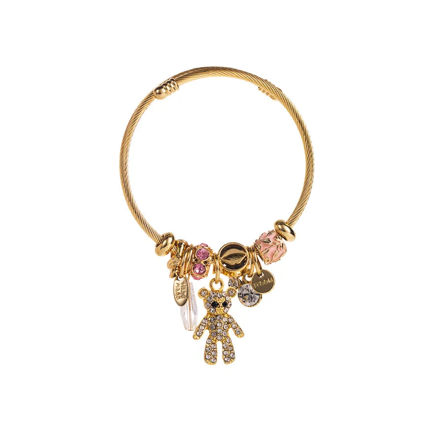 Leabyl Trendy Gold Color Star Moon Charm Cuff Bracelet Cute Bear Heart Stainless Steel Open Bangle
