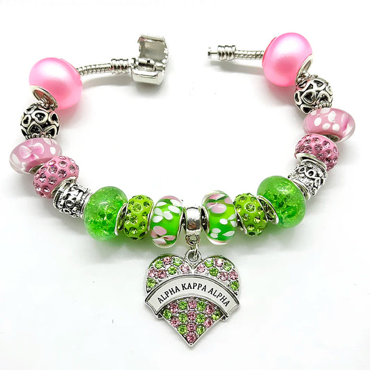 Personality Greek sorority society ALPHA letter Rhinestone Pendant Pink Green big hole beads Snake Chain Bracelet bangle