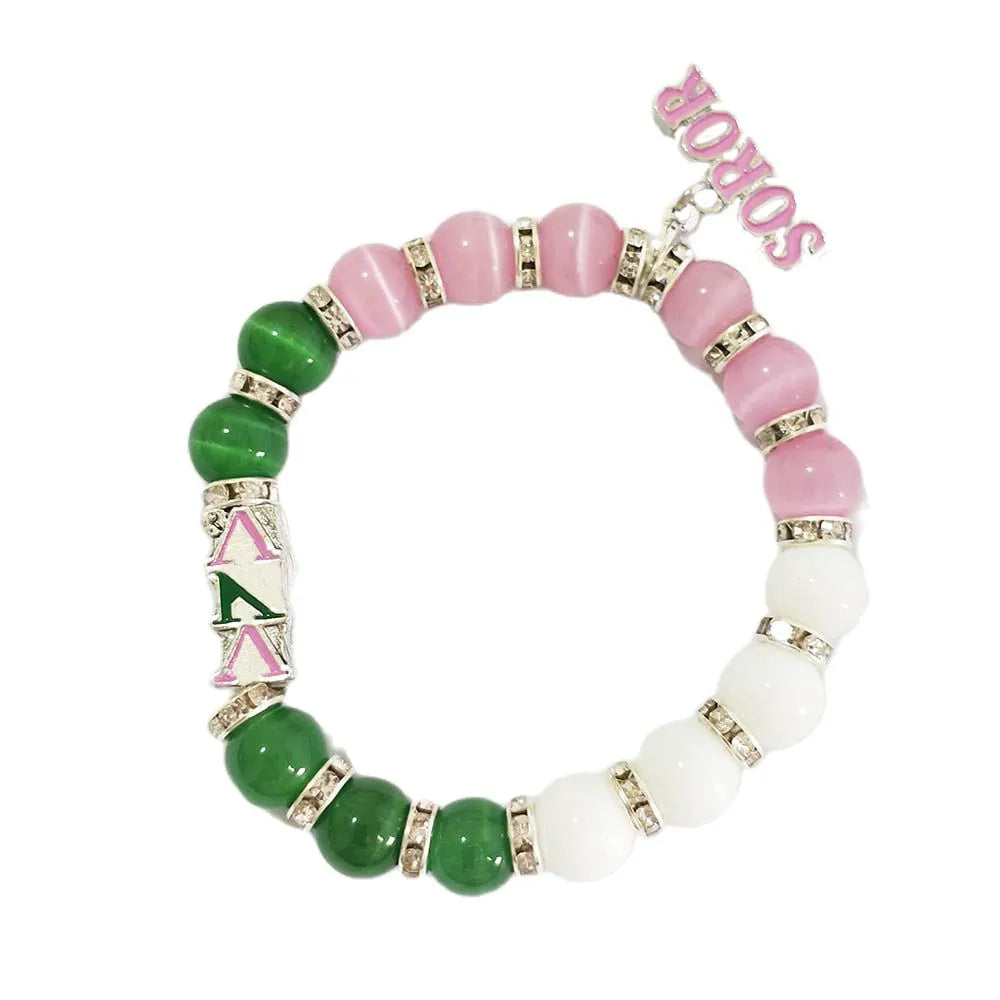 Elastic Line White Green Pink cat's-eye Greenk Letter Charm Pendant Bracelet Women Jewelry