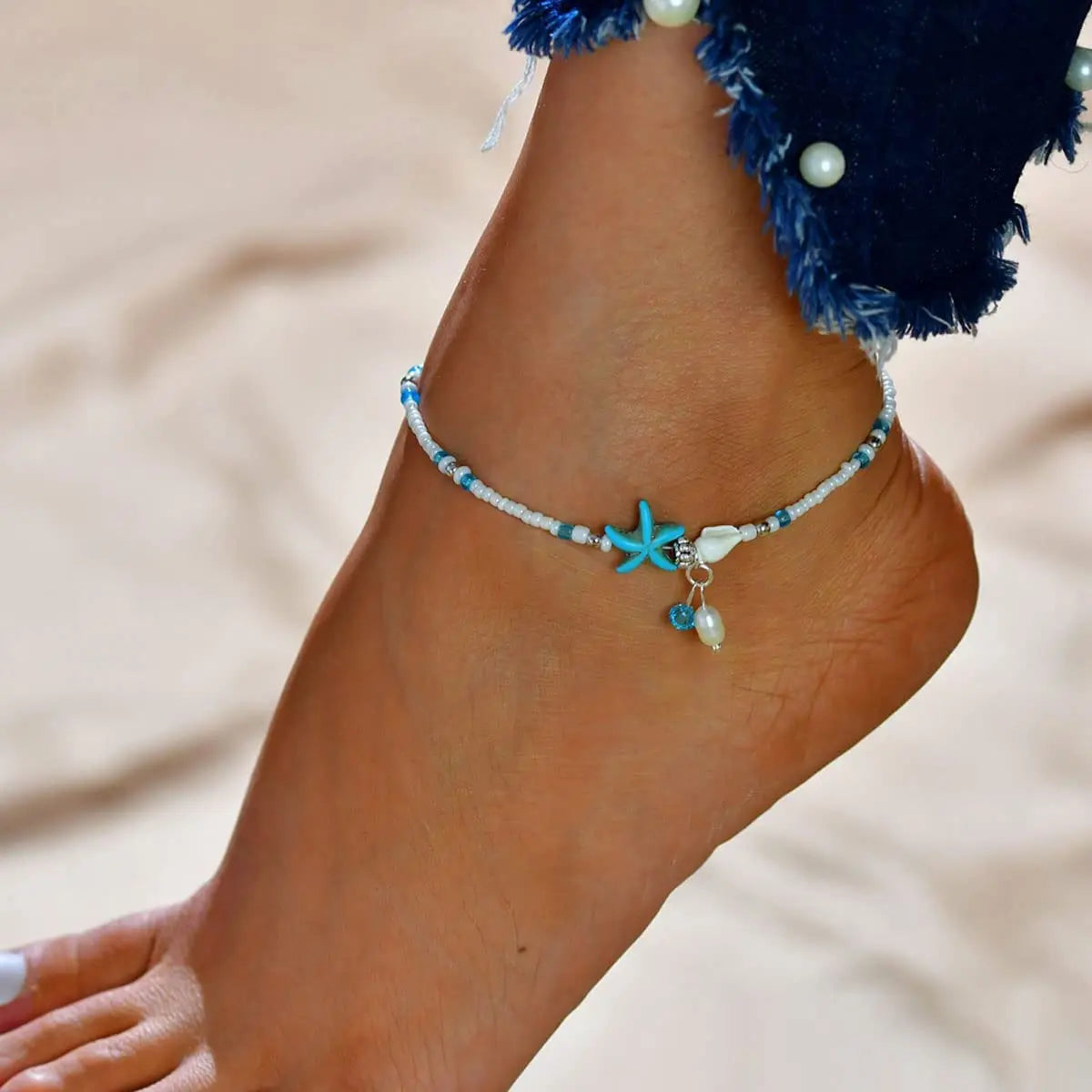 1pc Boho Starfish Beaded Anklets With Conch Fashion Women Beach  Adjustable Rice Beads Ankle Bracelets Girls Summer Foot Jewelry