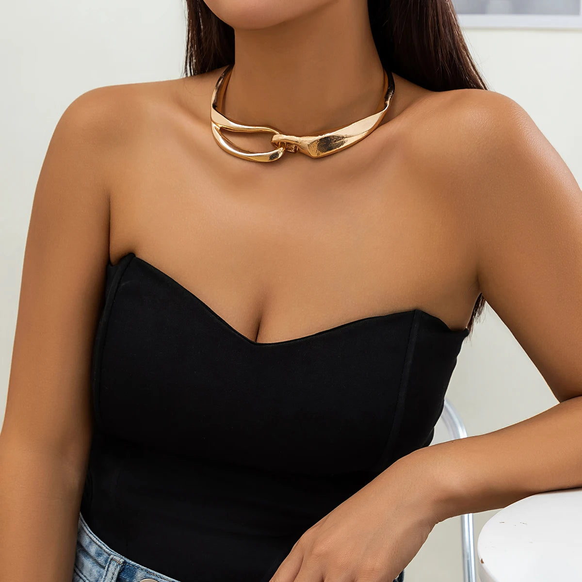 IngeSight.Z Exaggerated Thick Heavy Metal Buckle Collar Choker Necklace for Women Punk Gold Color Chunky Short Necklace Party