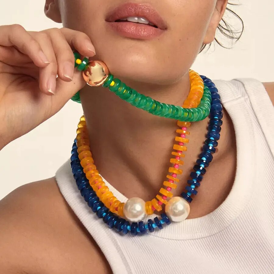 Simple Hip hop Style Colorful Glass Crystal Beads Pearl Necklace Man Sunshine  Necklace Bead Choker