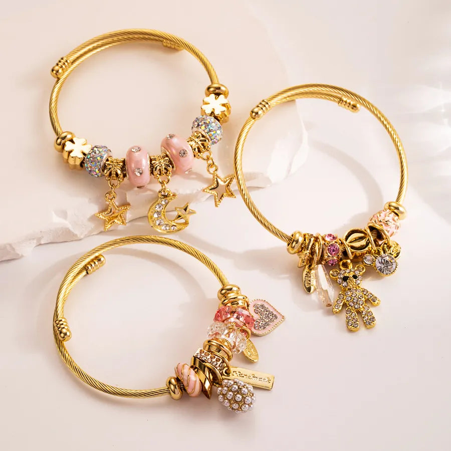 Leabyl Trendy Gold Color Star Moon Charm Cuff Bracelet Cute Bear Heart Stainless Steel Open Bangle